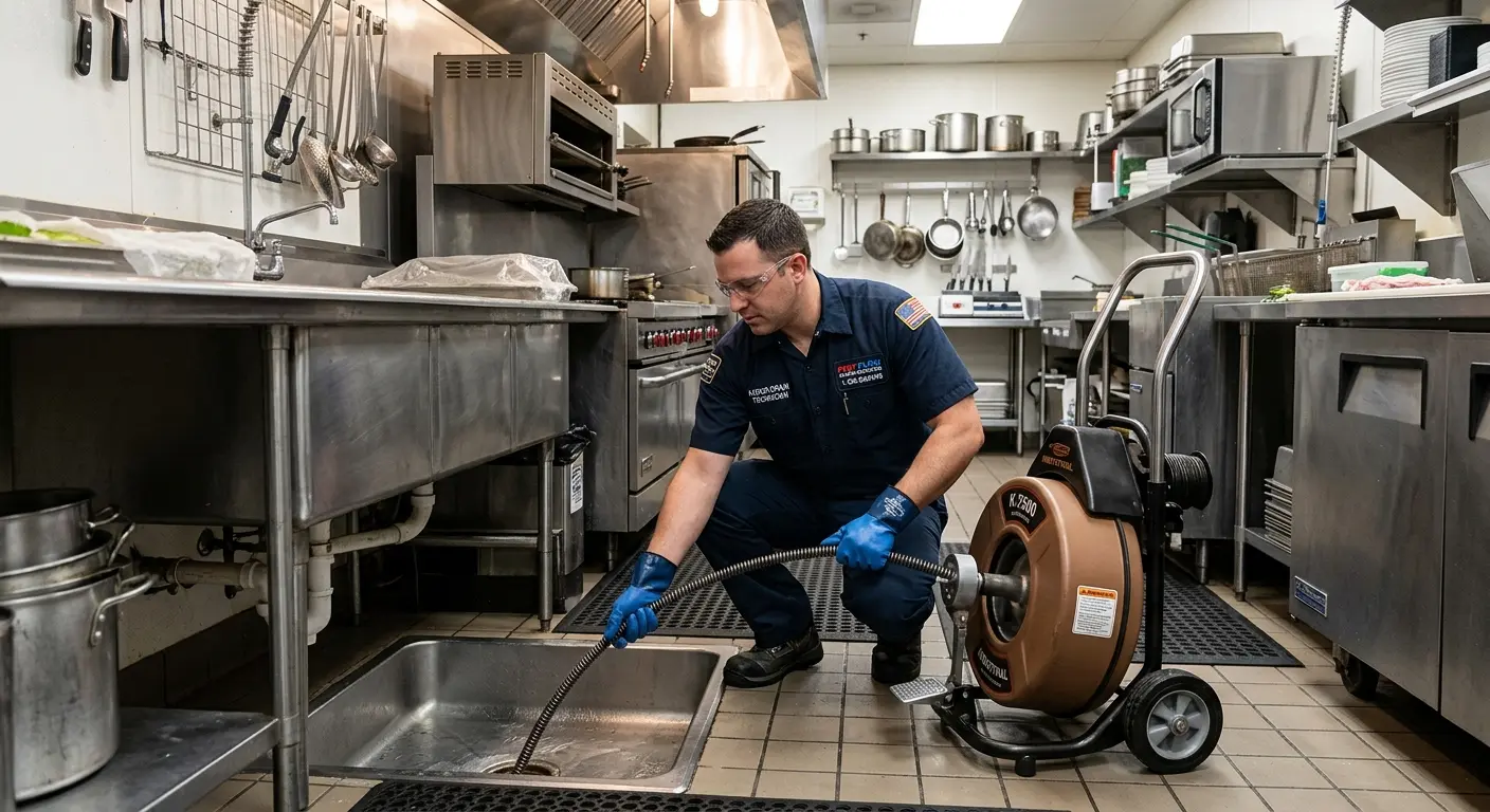 Commercial drain cleaning service in a restaurant kitchen in South El Monte