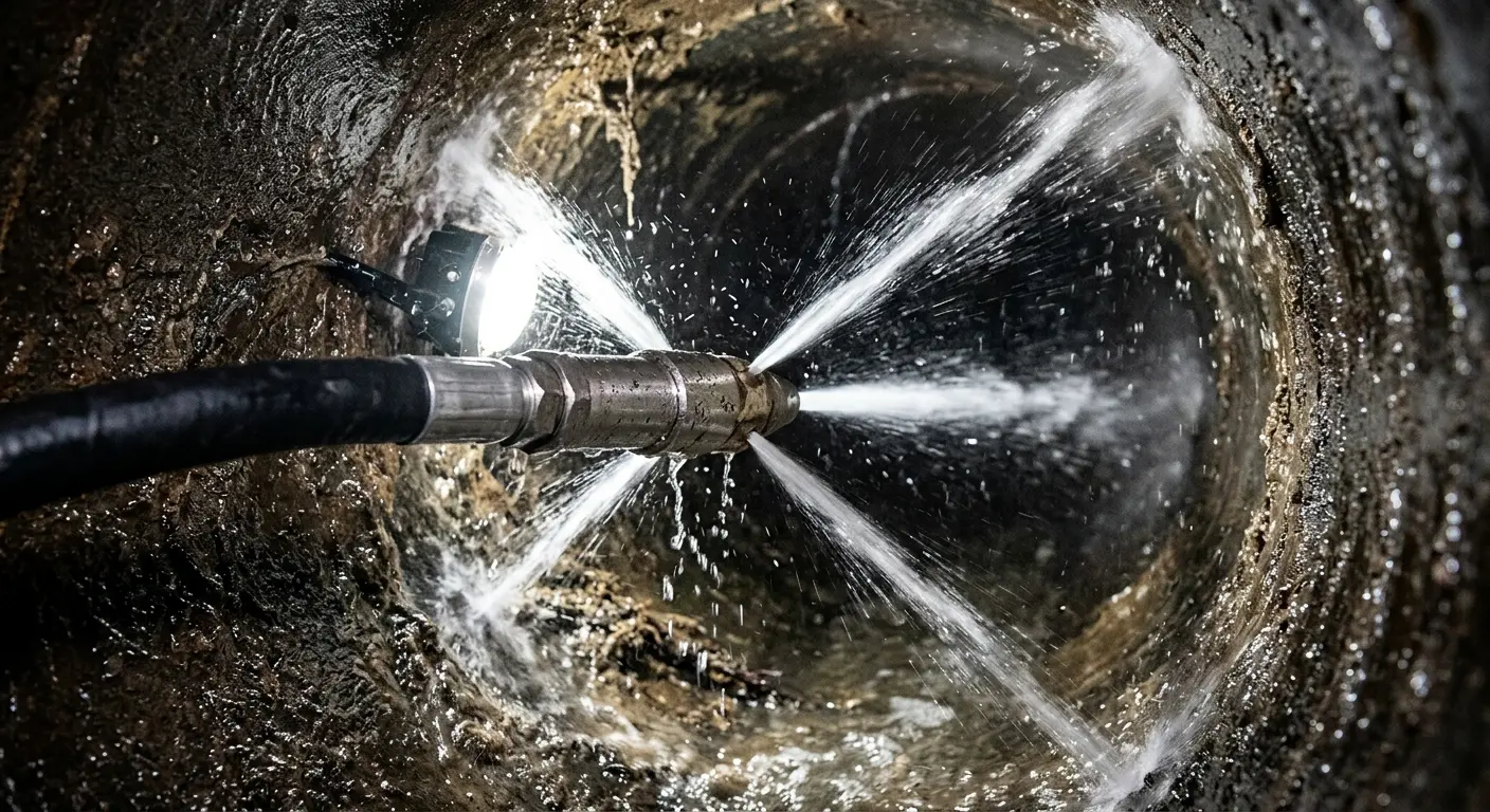 High-pressure hydro jetting nozzle cleaning sewer pipe for Sewer Cleanout in South El Monte