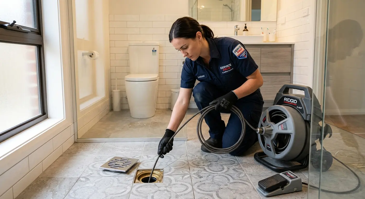 Technician clearing a bathroom floor drain for Drain Cleaning in South El Monte
